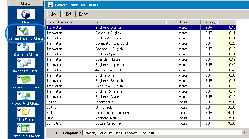 general prices for clients